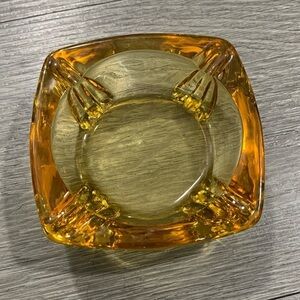 Retro Amber 3 3/8" Square Footed Glass Ashtray Unusual Vintage